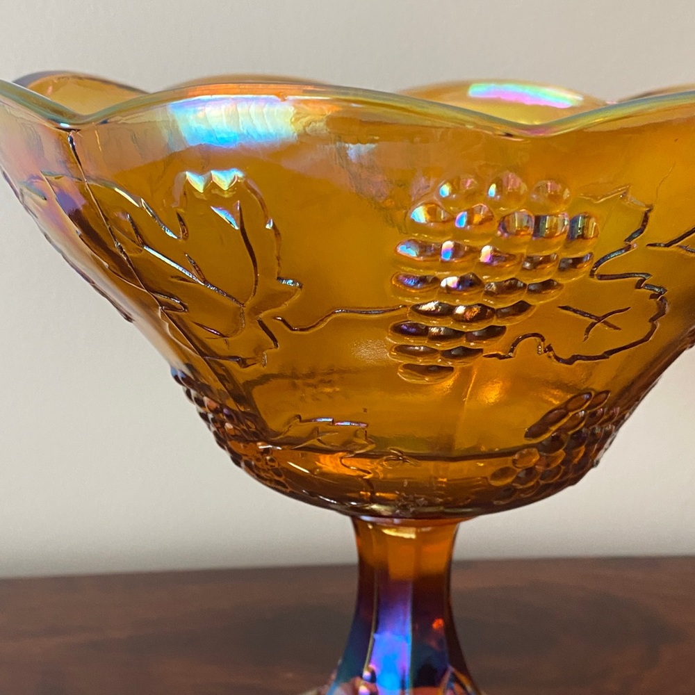 Indiana Glass • Harvest Grape • Carnival Glass • Amber • Pedestal Fruit Bowl - Picture 3 of 5